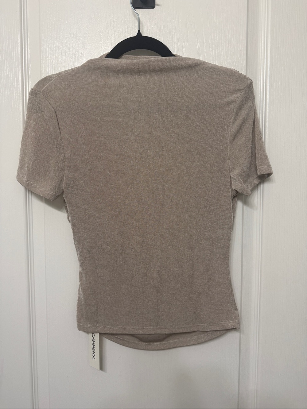 Commense Asymmetric Ruched Short-Sleeve Top in Beige - Picture 5 of 6